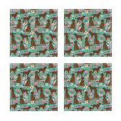 golden doodle dog fabric florals and dogs design - turquoise