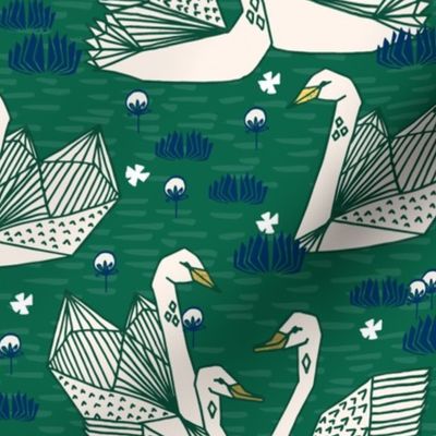 swans // geometric swans emerald green and navy swan print