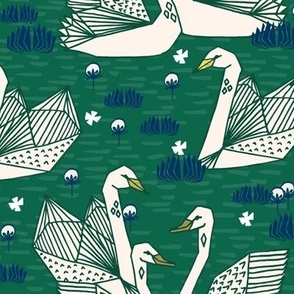 swans // geometric swans emerald green and navy swan print