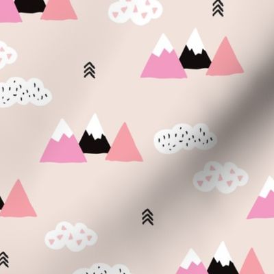 Cool scandinavian winter wonder woodland theme with clouds arrows and mountain peak snow theme vintage girls pink