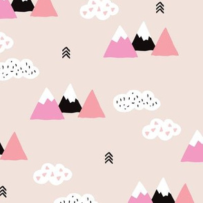 Cool scandinavian winter wonder woodland theme with clouds arrows and mountain peak snow theme vintage girls pink