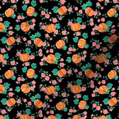 Extra Tiny Multi-directional Pumpkins & Roses on Black