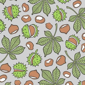 Chestnuts & Leaves Forest Woodland Fall Green on Grey