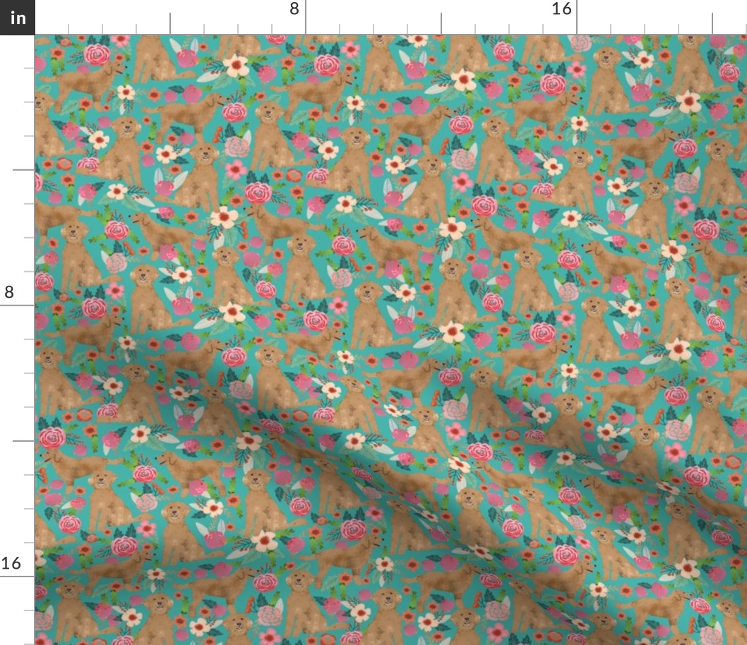 Golden Doodle floral flowers dog fabric pattern turquoise