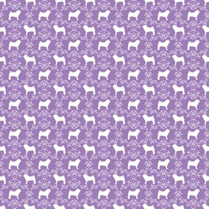 Pug dog  breed silhouette floral fabric pattern purple (small print)