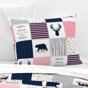 Baby Girl Patchwork Quilt Top - Bear & Deer Patchwork, Navy Pink & Gray