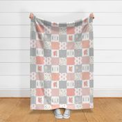 Baby Girl Quilt Top ROTATED - Woodland Cheater Quilt Bears Wholecloth Nursery Blanket, Peach & Gray