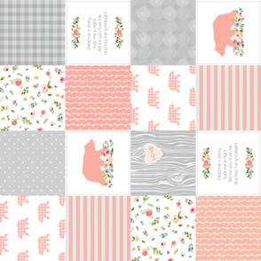 Baby Girl Quilt Top ROTATED - Woodland Cheater Quilt Bears Wholecloth Nursery Blanket, Peach & Gray
