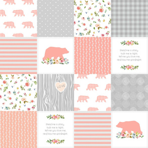 Baby Girl Quilt Top - Woodland Cheater Quilt Bears Wholecloth Nursery Blanket, Peach & Gray