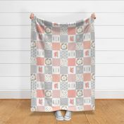 Peach Woodland Wholecloth ROTATED- Baby Girl Blanket Panel Cheater Quilt, Peach & Gray