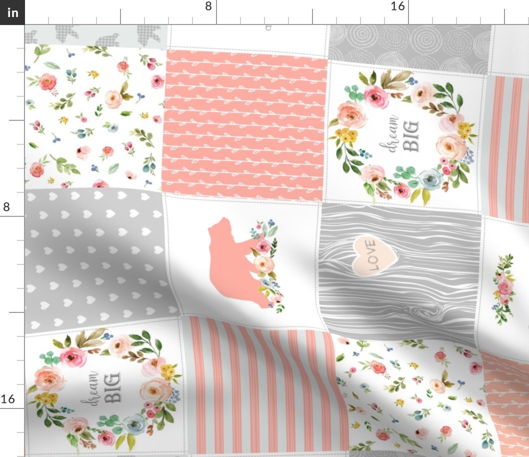 Peach Woodland Wholecloth ROTATED- Baby Girl Blanket Panel Cheater Quilt, Peach & Gray