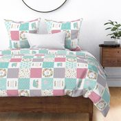 Woodland Quilt Panel ROTATED - Baby Girl Cheater Quilt Top Nursery Blanket, Pink & Aqua