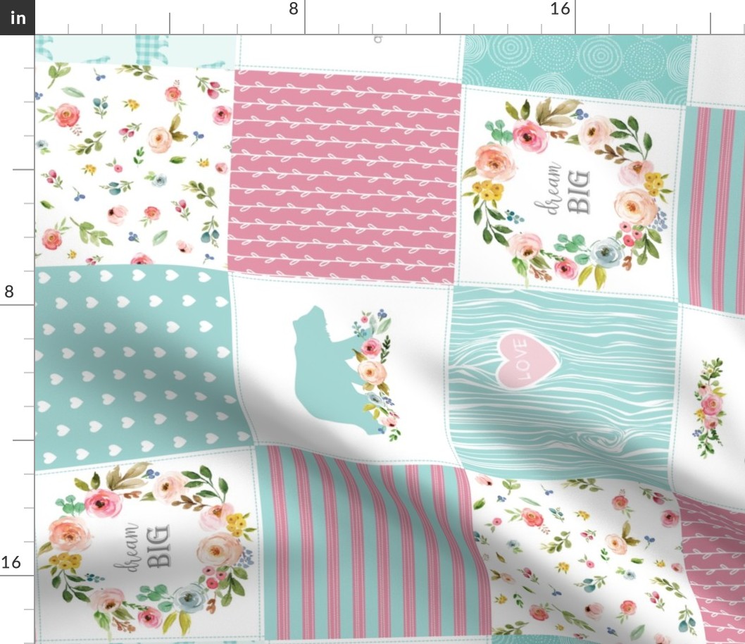 Woodland Quilt Panel ROTATED - Baby Girl Cheater Quilt Top Nursery Blanket, Pink & Aqua