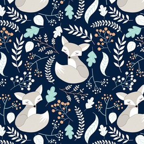 Gray Fox - Sleepy Foxes (navy) Baby Nursery Woodland Animals Kids Childrens Bedding N8