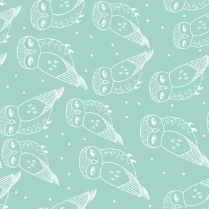 owl fabric // mint and white pastel nursery baby bird design