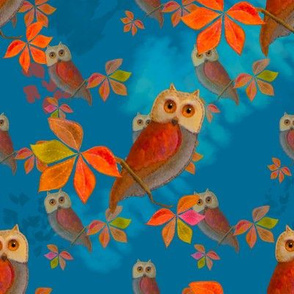 Friendly Owls on Glorious Blue Background