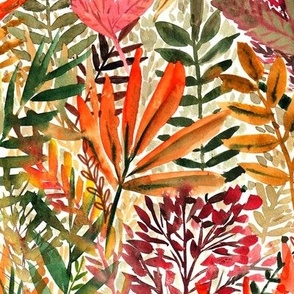 red and orange fall leaves on white - watercolor - autumn