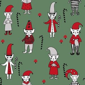 Santa's Elves christmas cute fabric pattern holiday spirit dark sage