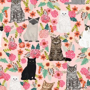 cat floral fabric cute cats in the gardnen florals design - light pink