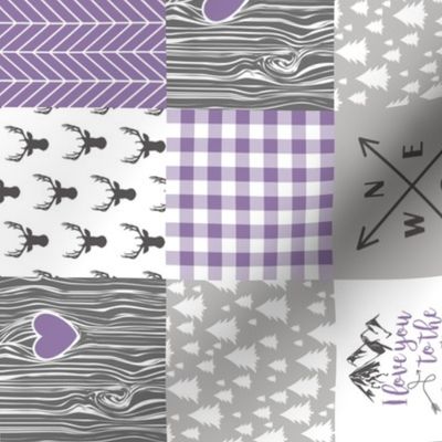 3 inch - love you to the mountains and back - wholecloth cheater quilt - purple - rotated