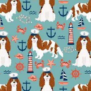 cavalier nautical fabric cute blenheim cavalier spaniel dog nautical - blue