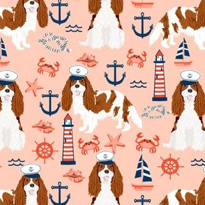 cavalier nautical fabric cute blenheim cavalier spaniel dog nautical - blush