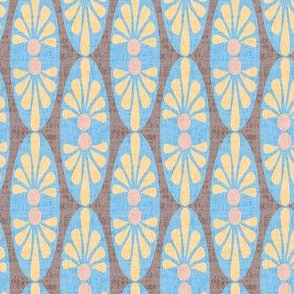 17-08U Abstract floral oval || blue yellow peach coral brown  || linen texture mid-century modern home decor _ Miss Chiff Designs 