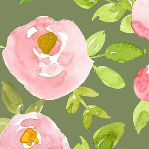 soft pink watercolor floral on olive 