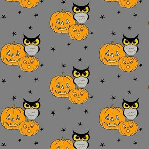 Owls on Jack o lanterns on Gray