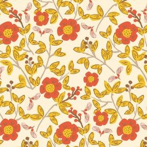 Autumn Floral with Warblers, Red Flowers and Yellow Leaves