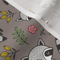 Raccoon with Leaves & Flowers on Warm Grey Brown