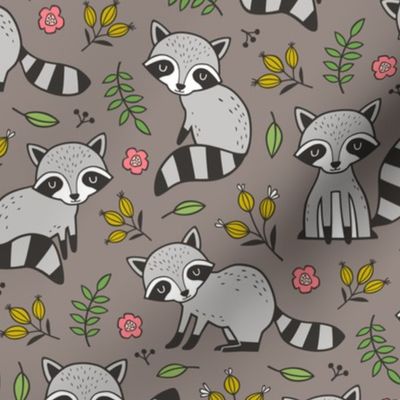 Raccoon with Leaves & Flowers on Warm Grey Brown