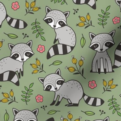 Raccoon with Leaves & Flowers on Olive Green