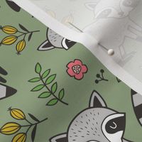 Raccoon with Leaves & Flowers on Olive Green