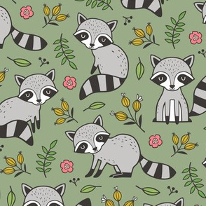 Raccoon with Leaves & Flowers on Olive Green