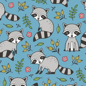 Raccoon with Leaves & Flowers on Blue