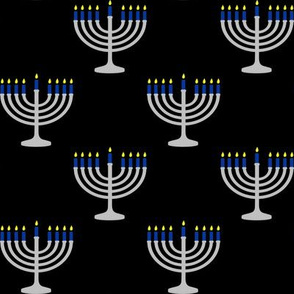 Two Inch Blue and Matte Silver Menorahs on Black - Larger Repeat
