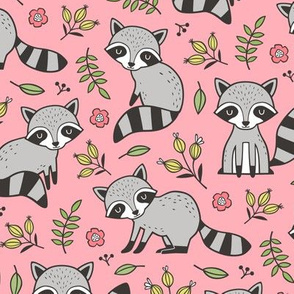 Raccoon with Leaves & Flowers on Warm Pink