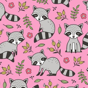 Raccoon with Leaves & Flowers on Pink