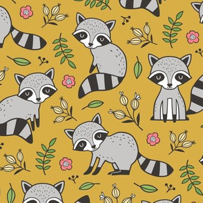 Raccoon with Leaves & Flowers on Mustard Yellow