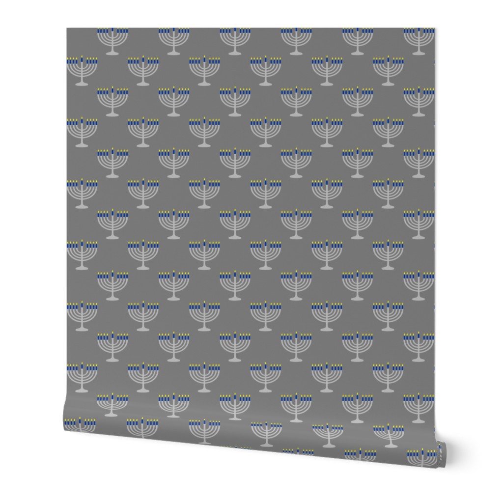 Two Inch Matte Silver and Blue Menorahs on Medium Gray - Larger Scale