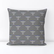 Two Inch Matte Silver and Blue Menorahs on Medium Gray - Larger Scale