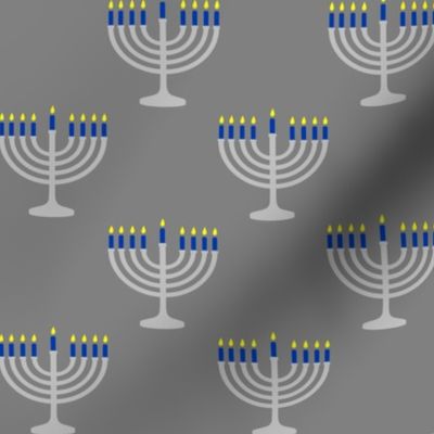 Two Inch Matte Silver and Blue Menorahs on Medium Gray - Larger Scale
