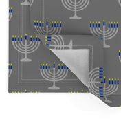 Two Inch Matte Silver and Blue Menorahs on Medium Gray - Larger Scale