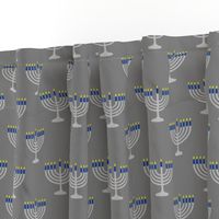 Two Inch Matte Silver and Blue Menorahs on Medium Gray - Larger Scale