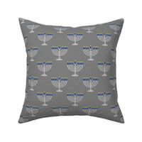 Two Inch Matte Silver and Blue Menorahs on Medium Gray - Larger Scale