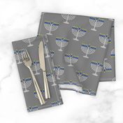 Two Inch Matte Silver and Blue Menorahs on Medium Gray - Larger Scale