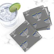 Two Inch Matte Silver and Blue Menorahs on Medium Gray - Larger Scale