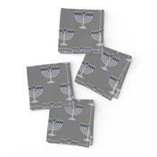 Two Inch Matte Silver and Blue Menorahs on Medium Gray - Larger Scale