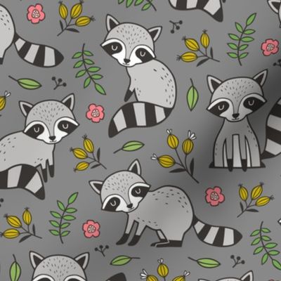 Raccoon with Leaves & Flowers on Dark Grey